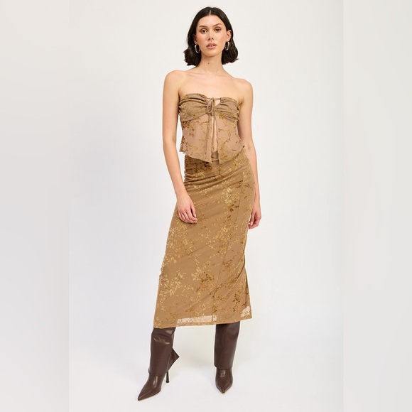 163B. Floral Mesh Fitted Maxi Skirt - Mocha - Picture 4 of 5
